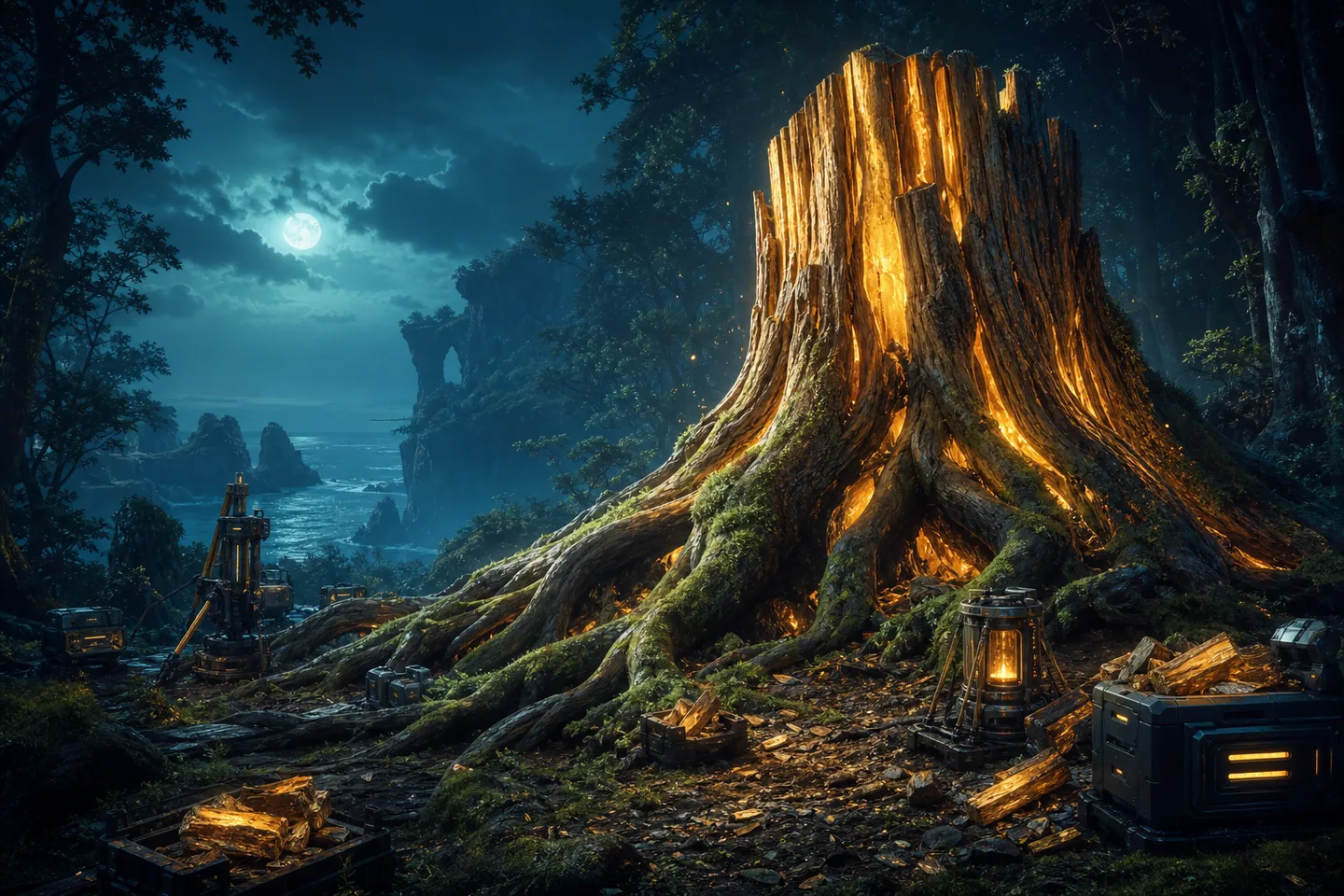 A massive ancient tree stump glowing with amber energy in a moonlit forest