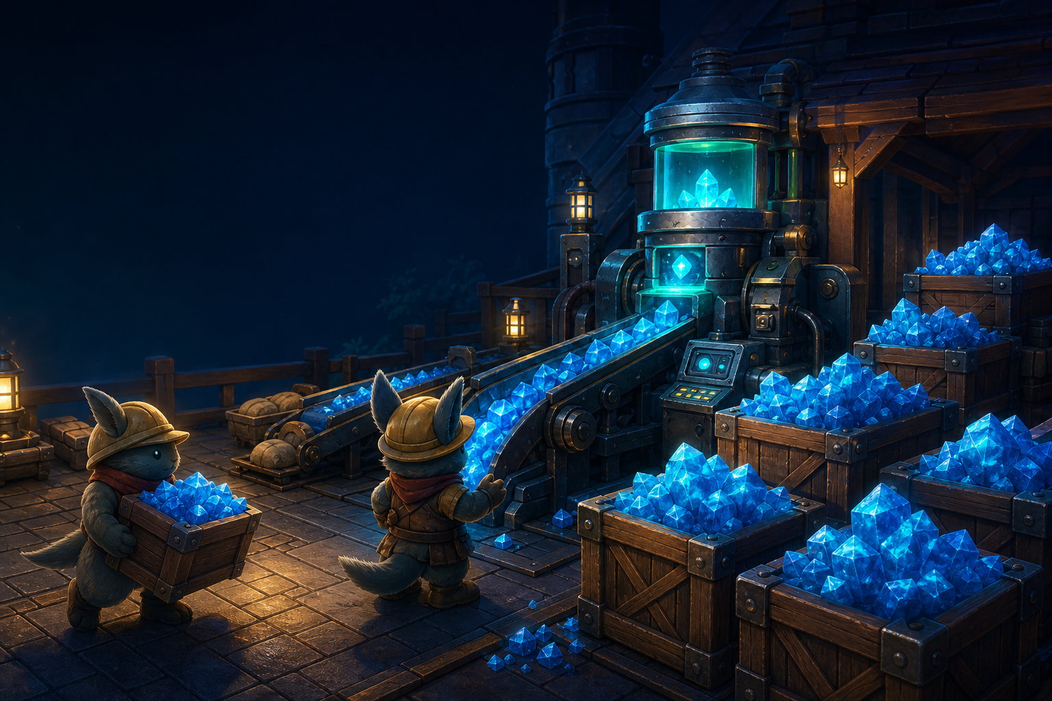 An original fantasy material synthesizer filling storage crates with glowing blue crystals