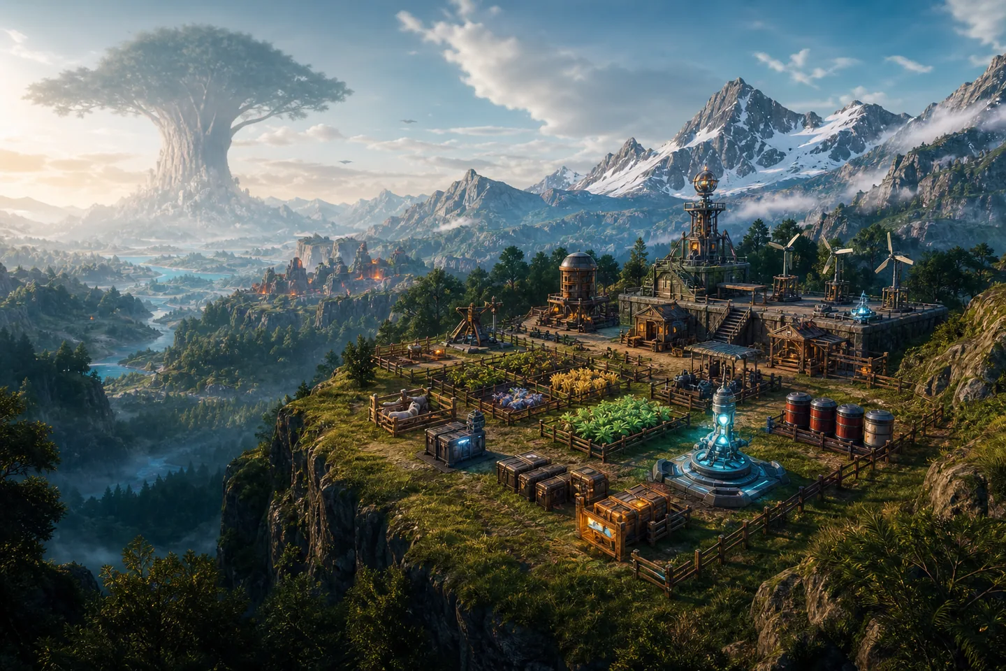 A carefully organized survival base on a plateau overlooking mountains and valleys