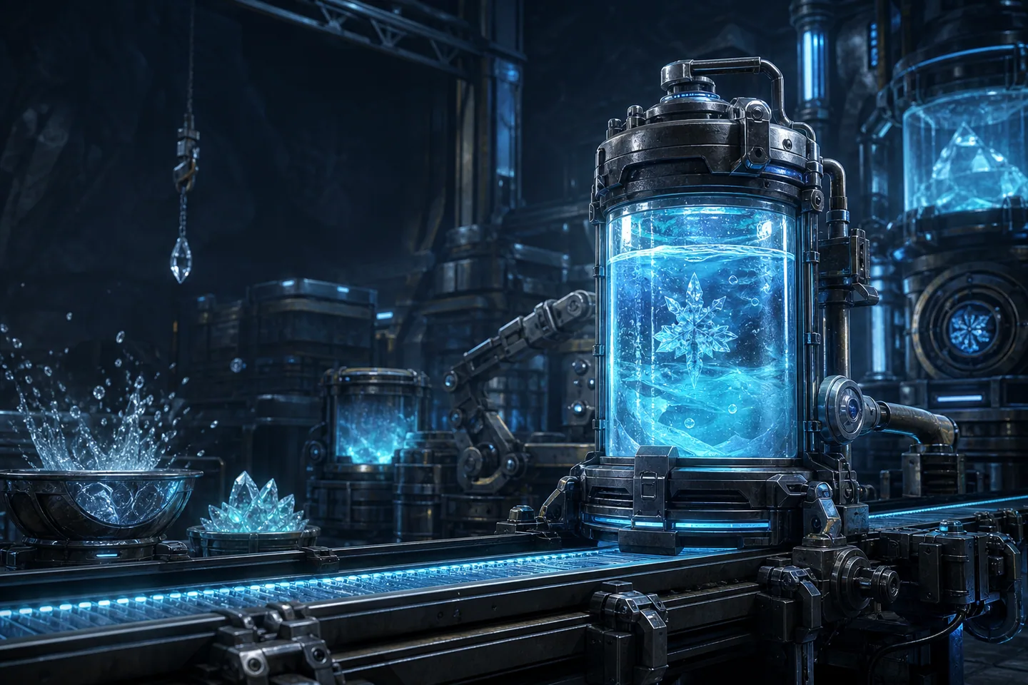 A luminous cryogenic coolant canister on an advanced production line