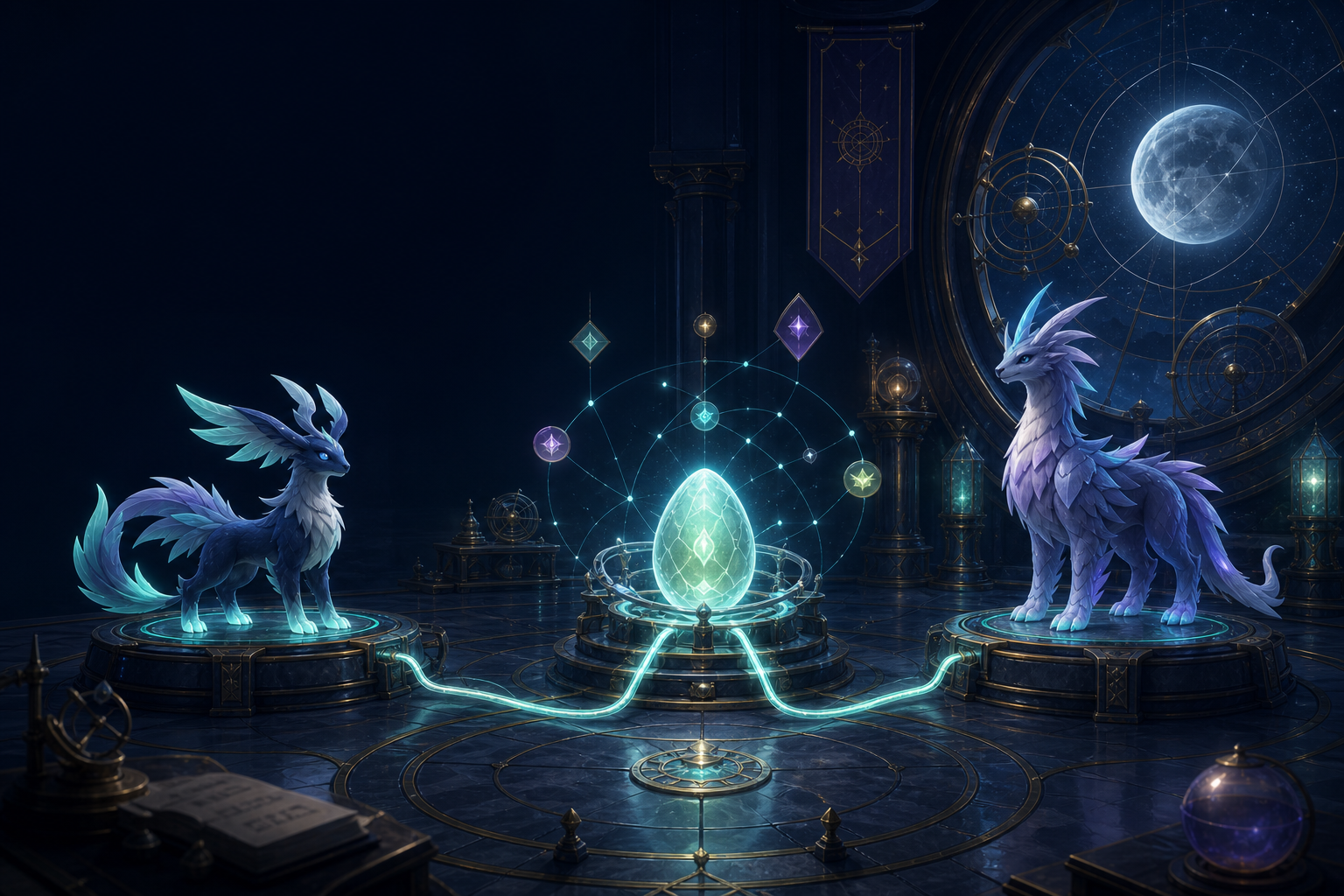 Two original fantasy creatures connected to a luminous egg by a verified breeding-path diagram