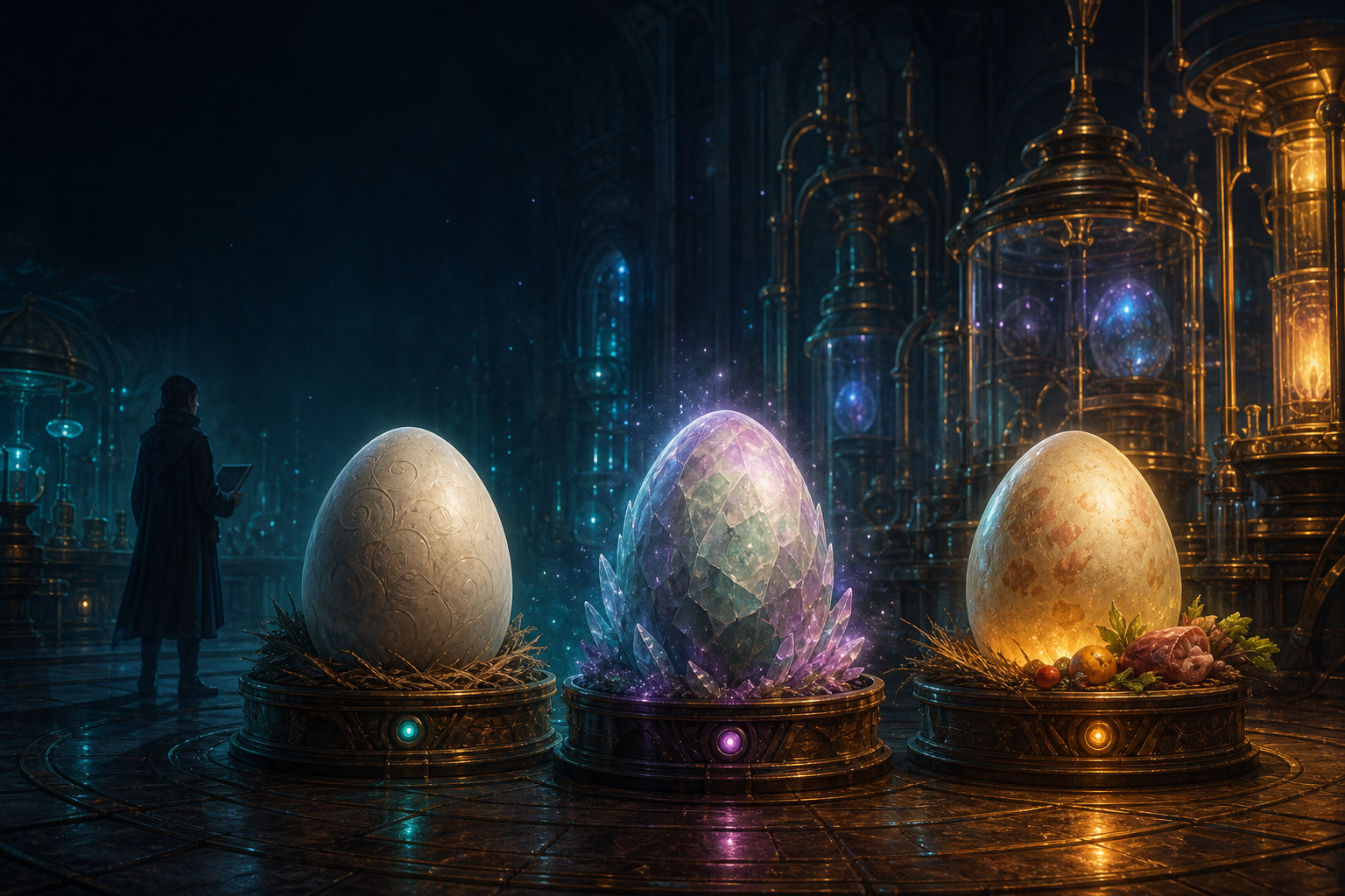 Three original fantasy eggs in a glowing research hatchery, one with a distinctive crystalline aura