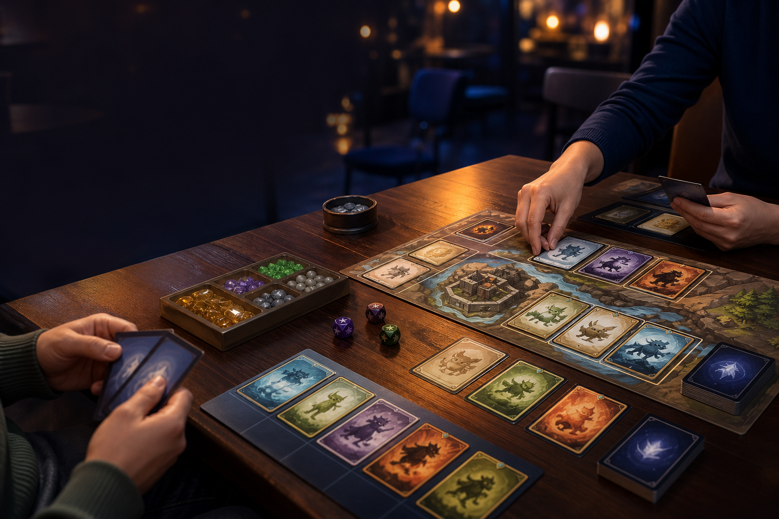 Two players learning an original creature-themed strategy card game at an organized table