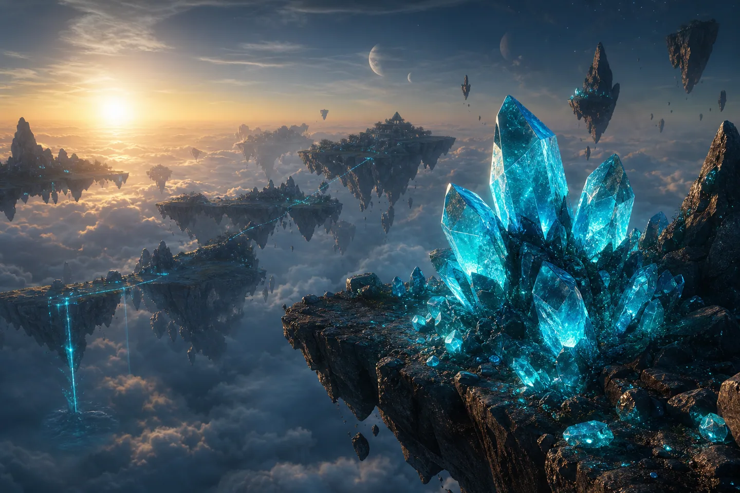 Glowing turquoise Soralite crystals on a floating island above the clouds