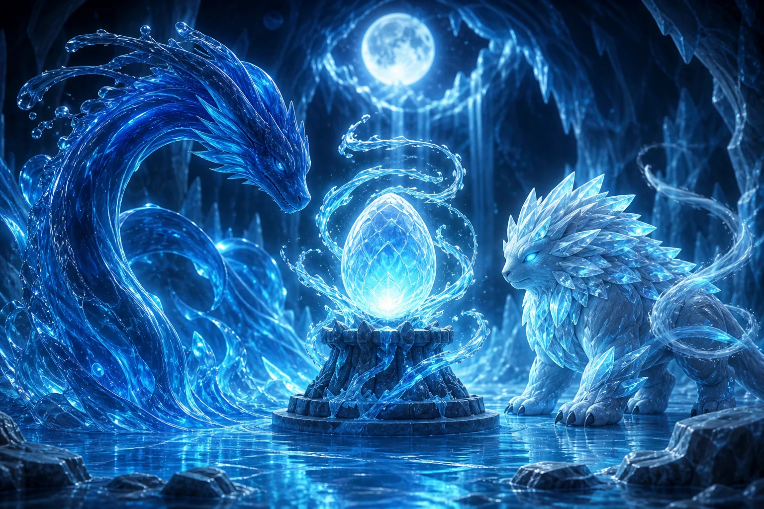 An original water dragon and ice guardian facing a luminous egg in a frozen cavern