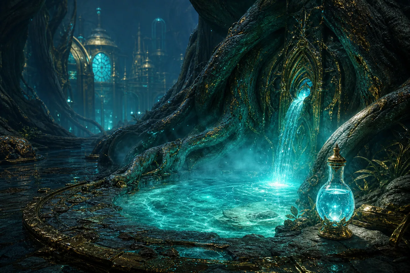 A luminous holy-water spring flowing through the roots of a colossal world tree
